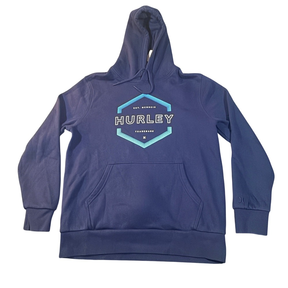 Hurley Mens Graphic Hoodie Navy Blue Teal Hexagon Logo Fleece Sweatshirt Size M